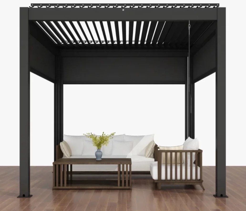 3 × 3 m heavy‑duty aluminum pergola with motorized moving louvres and integrated LED lights, premium outdoor living structure for patios and terraces, remote‑controlled sun and rain protection.